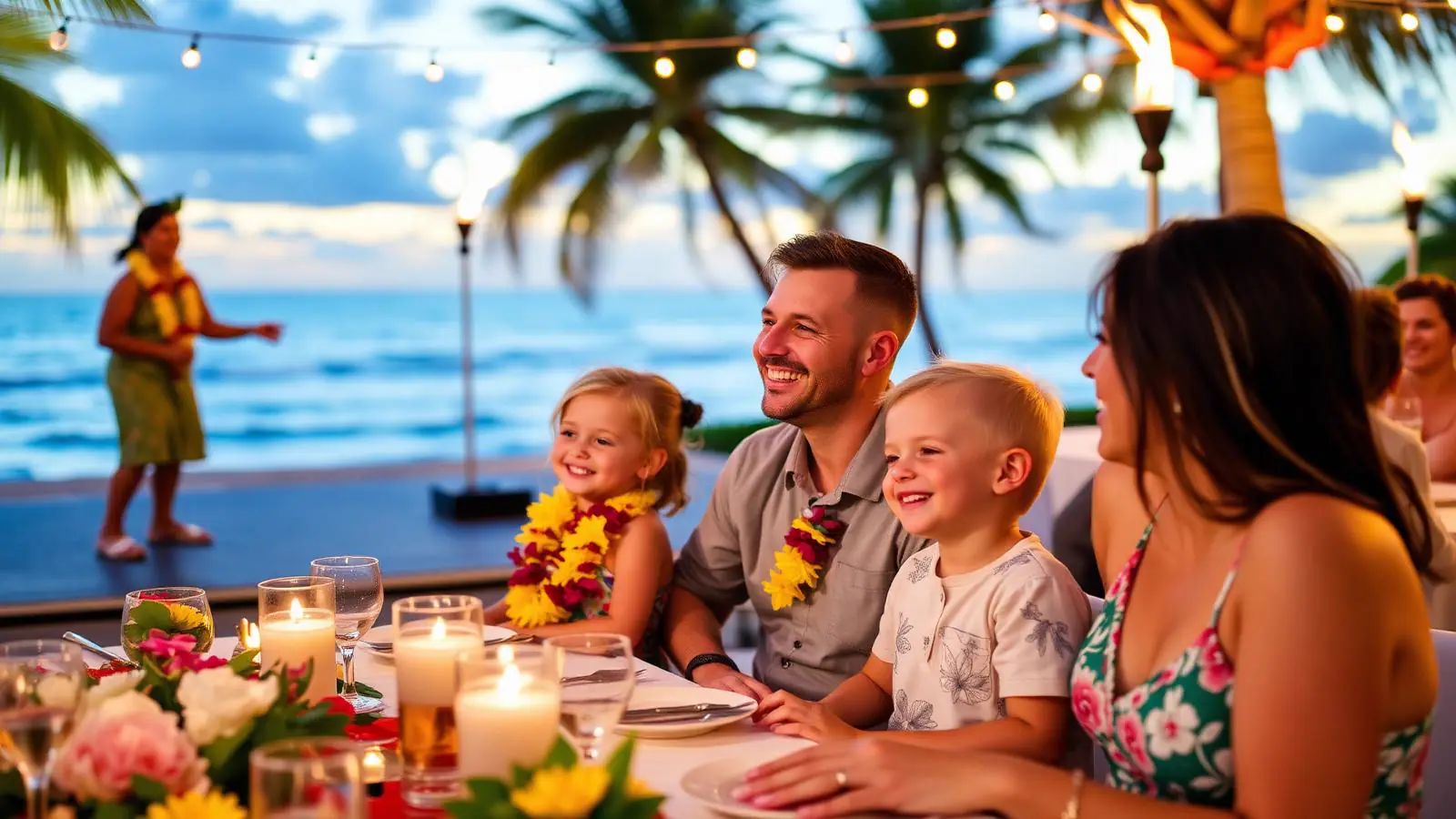 Parents and two young children smiling at a Maui luau dinner table, watching a hula performance with the ocean at sunset behind the stage