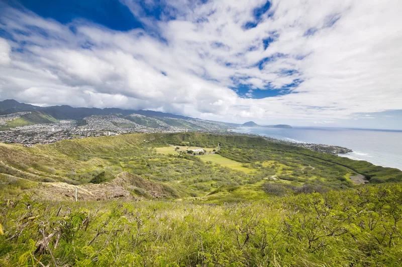View from Diamond Head across Oʻahu's green hills to the ocean
