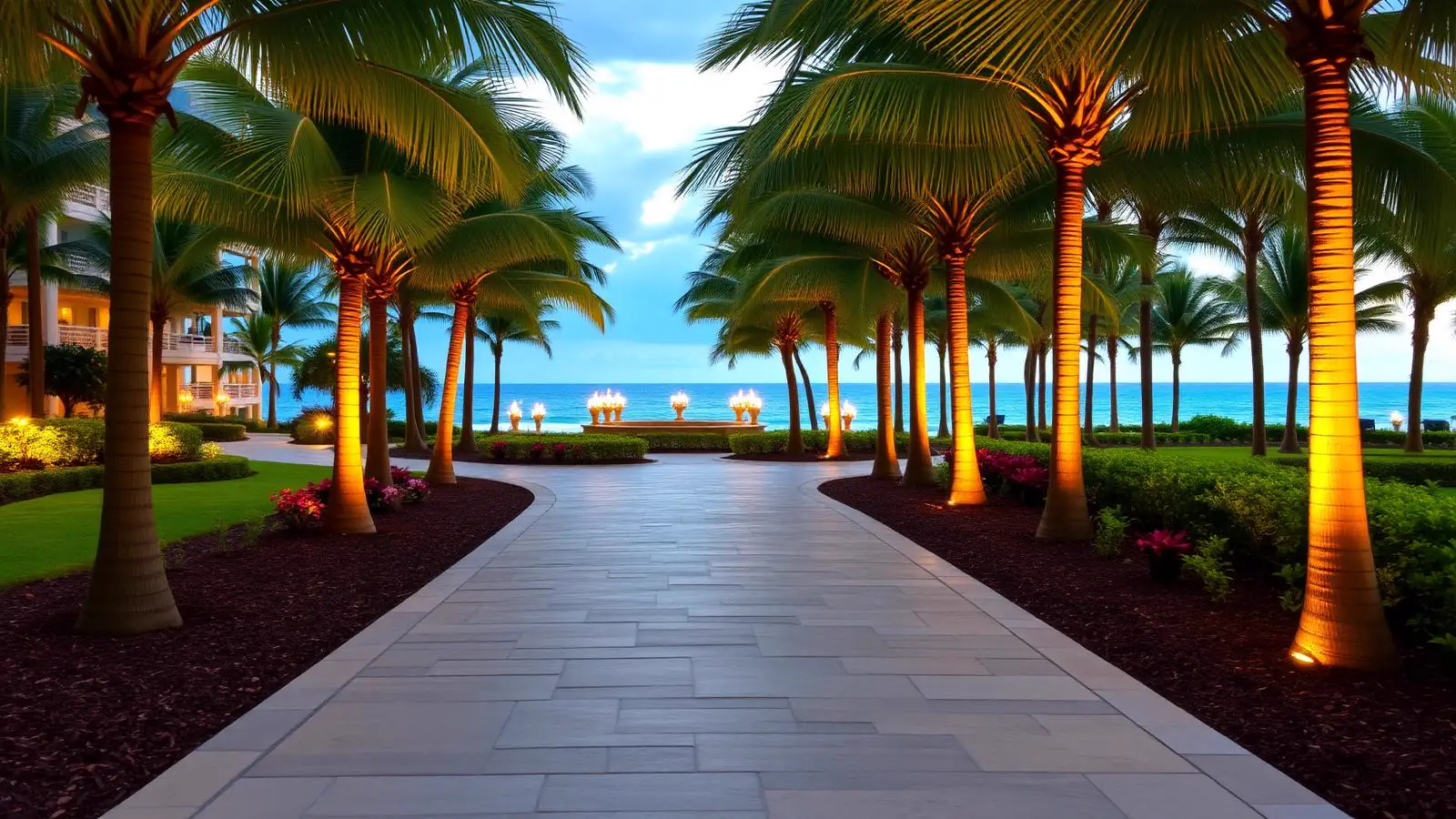 Palm-lined resort corridor at Wailea, Maui, leading toward the ocean at warm evening light, framing the Wailea luau experience