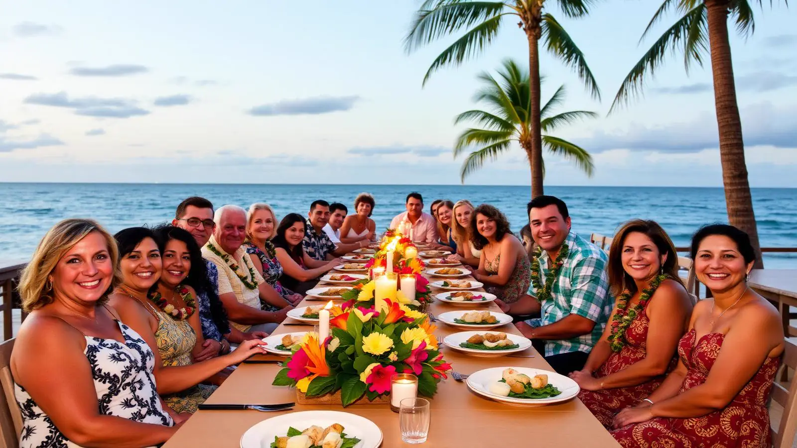 Group of friends and family sharing a Maui luau dinner table at golden hour with tiki torches and the Pacific Ocean in the background