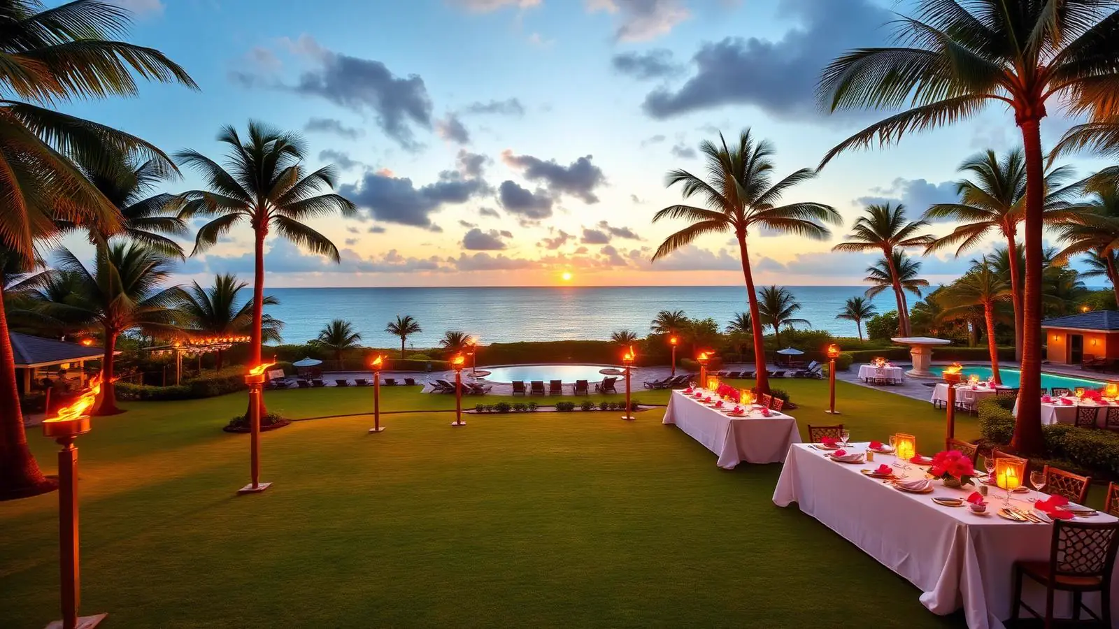 Oceanfront resort luau lawn at sunset with tiki torches and dining tables in Wailea, Maui