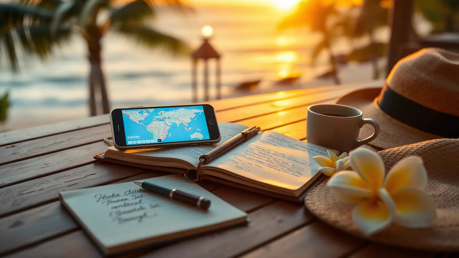 Open travel journal, phone with a map, coffee cup, and plumeria flower on a lanai table at sunset, illustrating Maui luau planning guides