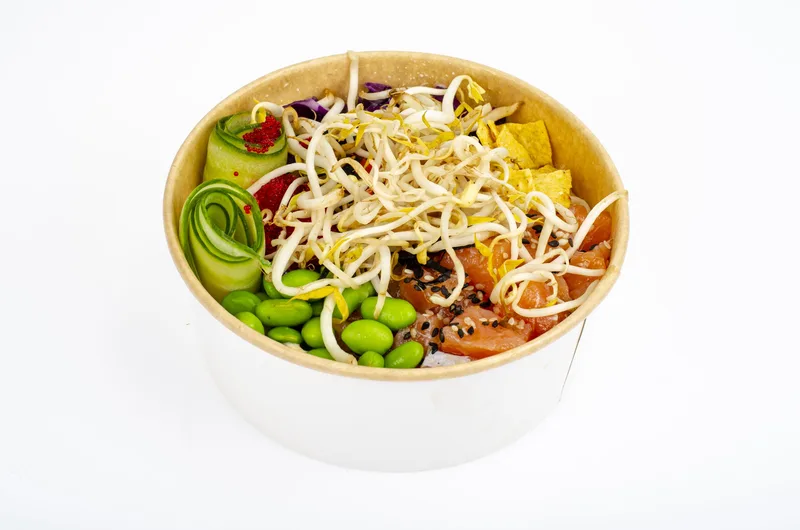 Hawaiian poke bowl with salmon, rice and vegetables